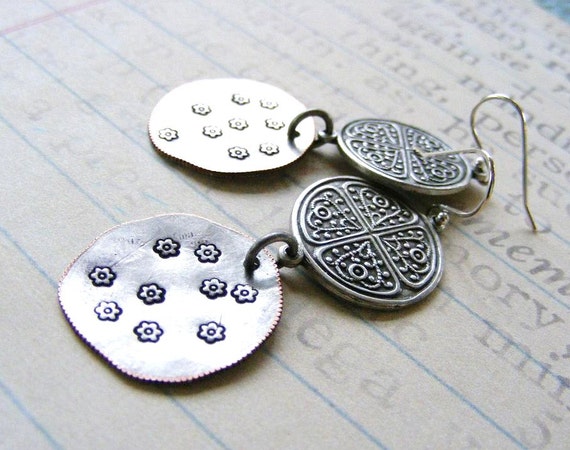 Silver Long Dangle Celtic Stamped Daisy Earring by meiguidesigns