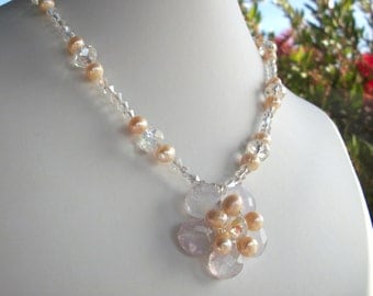 Wedding necklace, white flower jewellery, pearl bridal flower necklace wire wrap flower with clear crystal