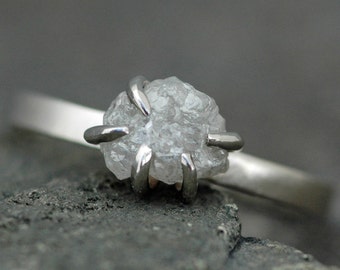 Prong-Set Rough Large Diamond Engagement Ring in 14k Recycled White or Yellow Gold- Size E Diamonds