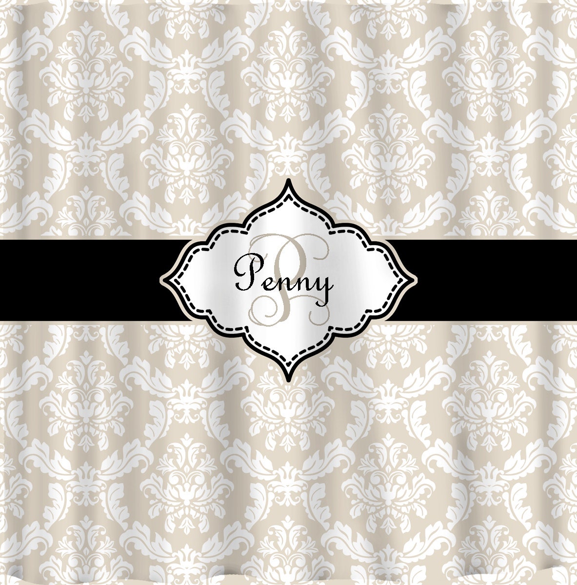 Custom Personalized Damask Shower Curtain Shown In Tan And