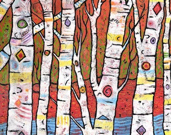 Whimsical Aspen Tree Canvas Print, Tree Art, Forest Print - Big Sun, Hidden Buddha