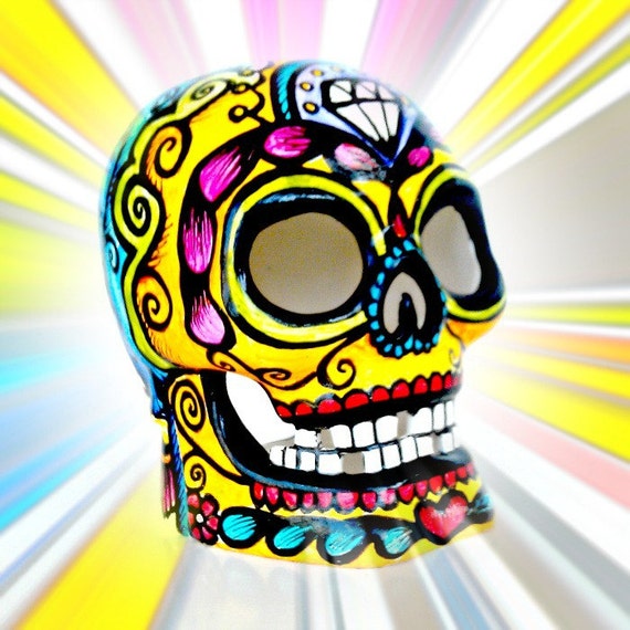 Ceramic Sugar Skull Lantern Day of the Dead Votive by sewZinski