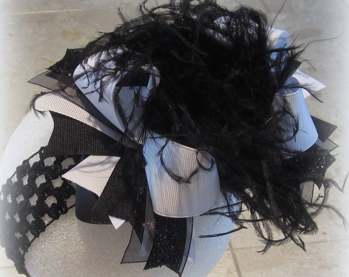 Over the Top Bows, Black and White OTT Hairbow, Baby Headband, Ostrich Feather Hair Bow, Boutique Feather Headband, Pageant Bows, Large Bow