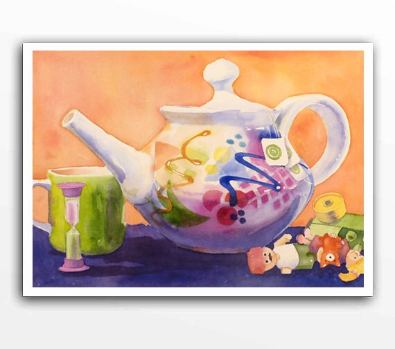 Teapot Art Original Watercolor Painting by WatercolorByMuren