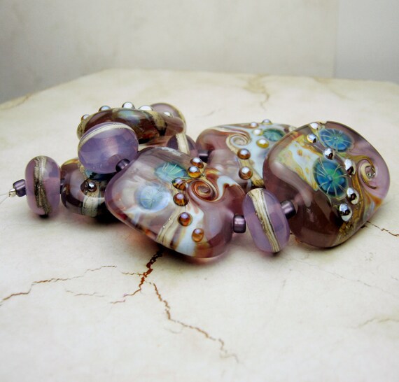 Lampwork Glass Bead Set SRA Purple Lavender Green