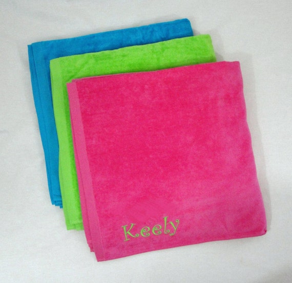 Premium Terry Velour Beach Towel With Custom Personalization Included-Hot Pink, Aqua Blue or Lime Green
