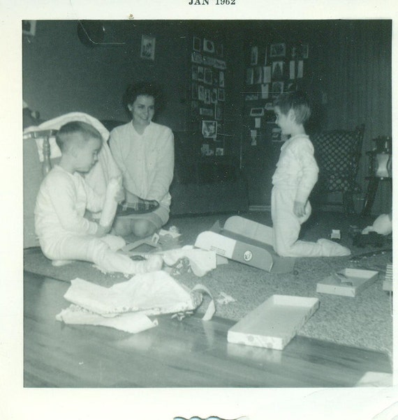 Christmas Morning 1961 Brothers Opening Presents in Footed Pajamas PJs On The Floor Vintage Black And White Photo Photograph