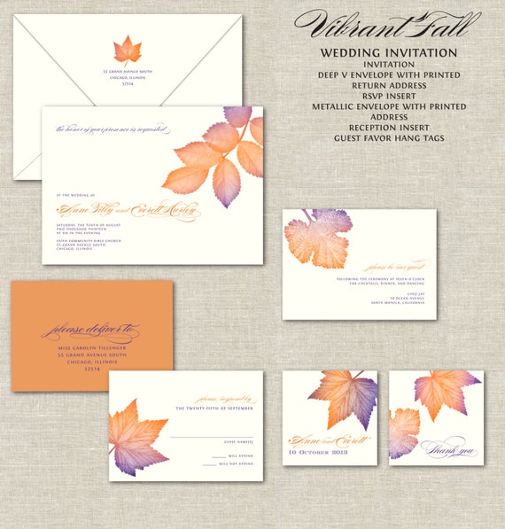 Fall Leaves Wedding Invitations, Calligraphy Wedding Invitation, Invites, Vibrant Purple & Burnt Orange, Autumn, Leaves, Leaf, Oak, Linen Il_570xn