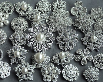 10 Rhinestone Button Brooch Large Top Quality Embellishment Pearl Crystal Wedding Bouquet Brooch FREE Combine Shipping US BT164