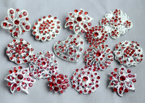 10 Ruby Red Rhinestone Button Brooch Assorted Pearl Crystal