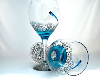 Dragonfly Glassware Hand Painted Dragonfly Wine Glasses Southwestern Decor~ Pair