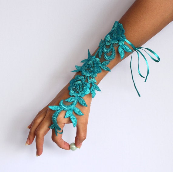 Bridal Wrist Corsage in Pool Blue Turquoise Applique Lace. Handmade