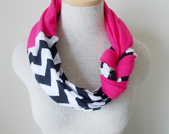 Half Braided Knot Scarf - Black and White Chevron and Hot Pink