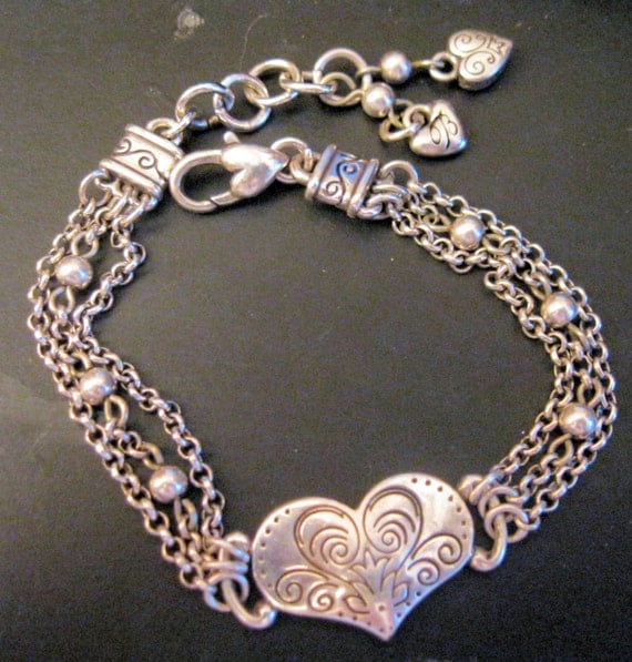 BRIGHTON Heart Triple Chain Bracelet Antiqued Silver Vintage