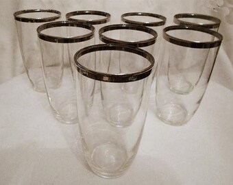 8 Vintage Silver Rimmed Highball Glasses Hollywood Regency Mad Men Chic