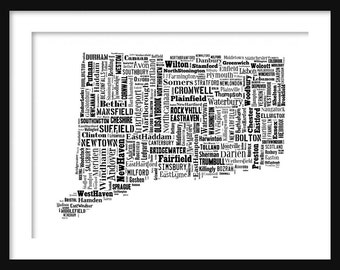 Connecticut State Map Typography Map Poster Print Text Map