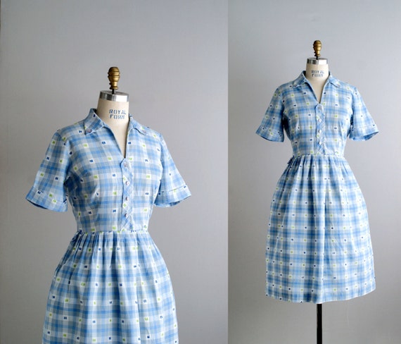 50s dress / 1950s plaid cotton dress / Blue by VacationVintage