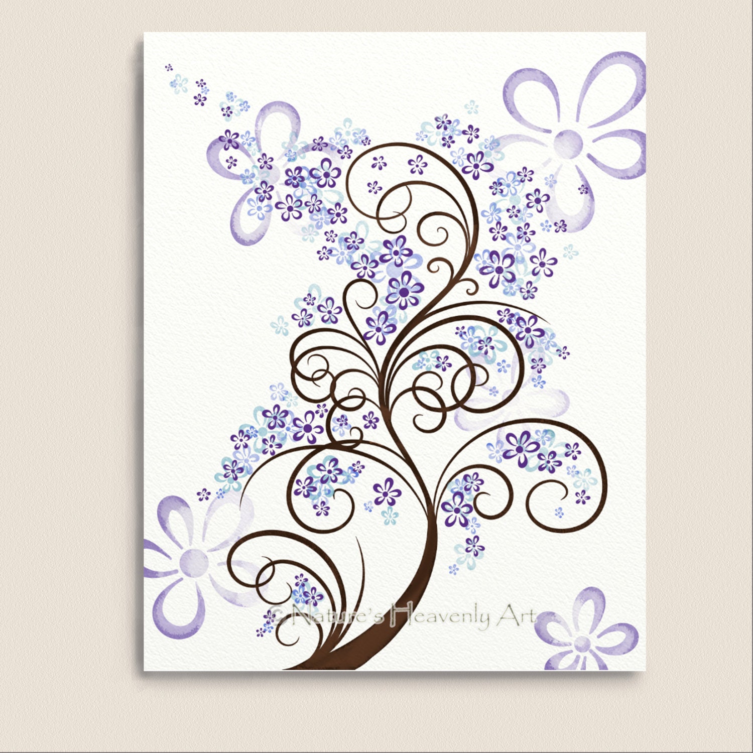 Blue Purple Girls Wall Art Spring Flower Watercolor Tree