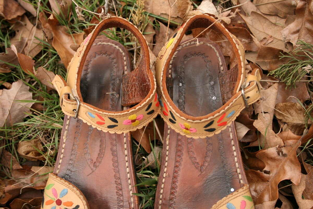Vintage 60s Embroidered Woodstock Hippie Leather Sandals