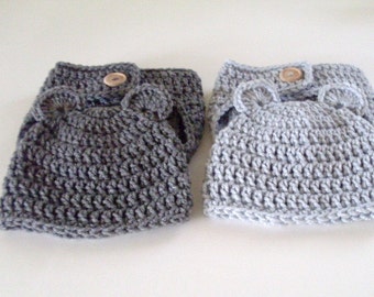 Grey Bear Hat And Diaper Cover Set, Hat with Ears, Newborn Photo Prop, Baby Boy, Baby Girl, Animal Hat, Nappy Cover, Your Choice