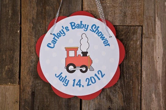 Little Train Themed Baby Shower Sign Door Hanger, Baby Shower Decoration in Red and Blue Il_570xn