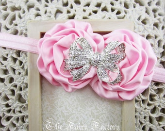 baby rosette 4 duo petal pink flower headband satin rosette duo w large pearl and baby rosette 4 duo petal pink flower headband satin rosette duo w large pearl and