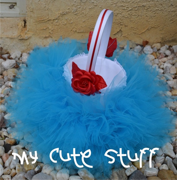 Gorgeous White Flower Girl Basket - Turquoise and Red Embellisments