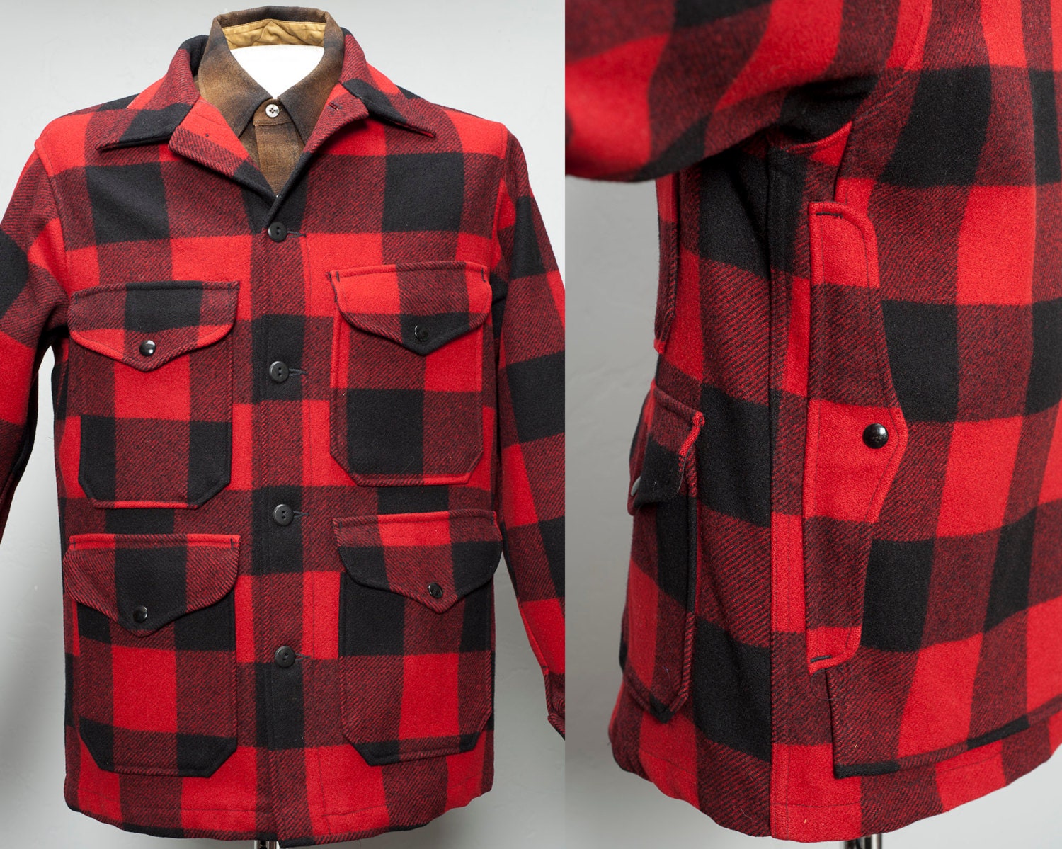1965 Pendleton Red and Black Wool Mackinaw Hunting Jacket with