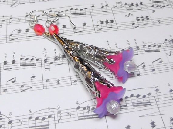 Filigree Cone Cap Earrings -Trumpet Long Filigree Flower - Acrylic Flower Cap Earrings - Long Filigree Cone