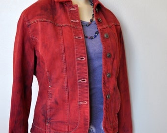 Red Small Denim Jacket- Scarlet Red Hand Dyed Upcycled Live a Little Denim Cropped Trucker Jacket - Adult Womens Small PP (36" chest)