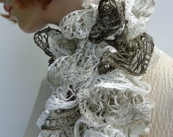 Lacey Scarf, Frilly Scarf, Knitted Frilly Scarf, Taupe and Cream Fashion Scarf - Women Scarf