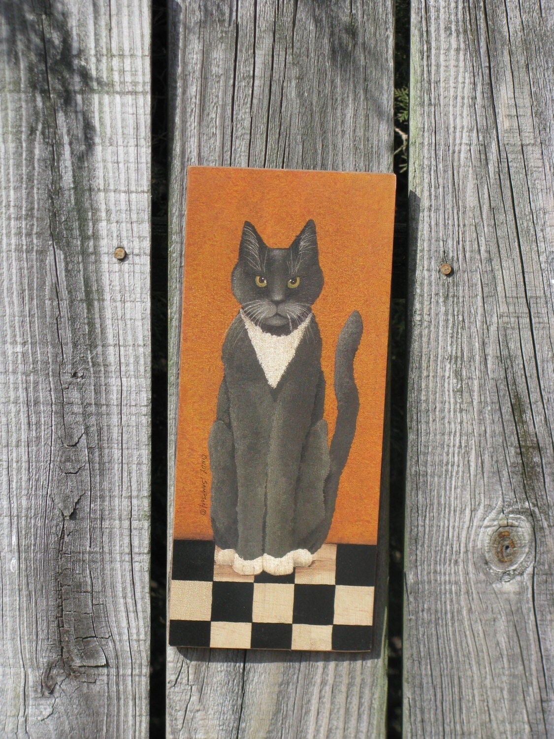 Sign Primitive Folk Art Gray Cat Cindy Sampson by homecraftframing