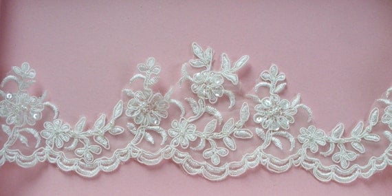 Ivory Lace Trim, Bridal Lace, Wedding Gown Lace, Beaded Alencon Lace, Pearled and Sequined Lace - ONE Yard, More Available