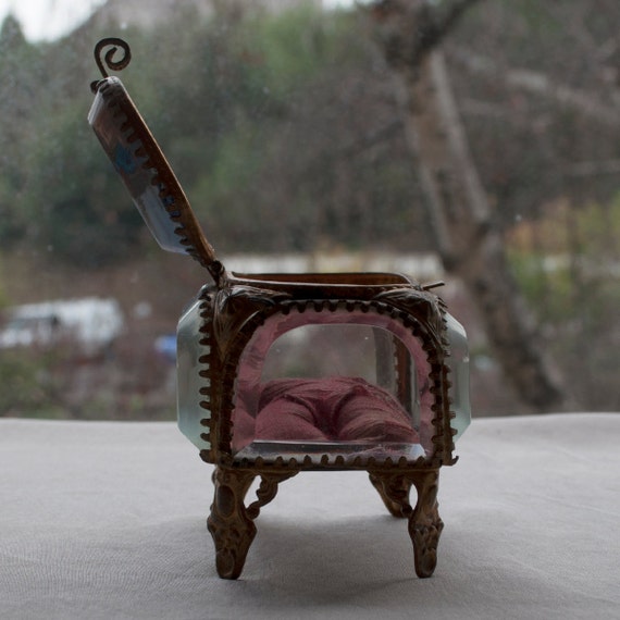 Antique French Jewelry Box Brass and Beveled Crystal from