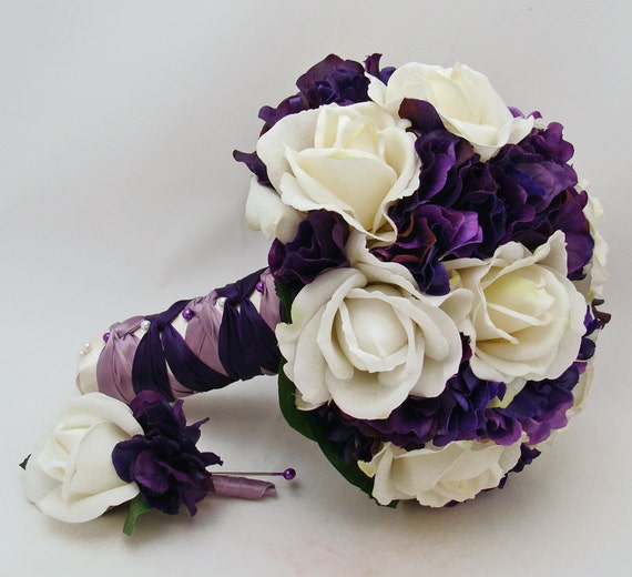 Items similar to Bridal Bouquet Real Touch White Roses & Purple ...