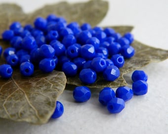 Faceted Round Beads, Czech Glass Fire Polished Beads, 4mm, Opaque Cobalt Blue(100pcs) NEW