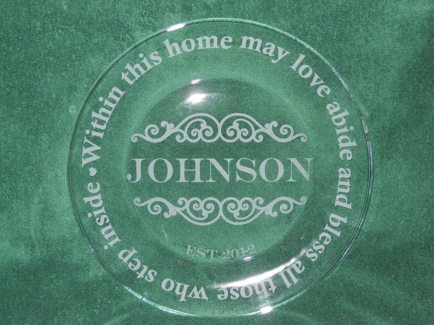 Custom etched sandblasted glass plate name wedding established