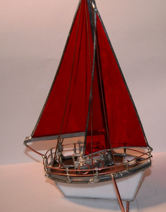 Red Stained Glass Model Sail Boat Small OOAK