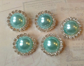 5 pcs - 20mm Silver Metal AQUA Pearl (no.3) Crystal Rhinestone Buttons Embellishments w/ shank - wedding / hair / garment / Flower Center