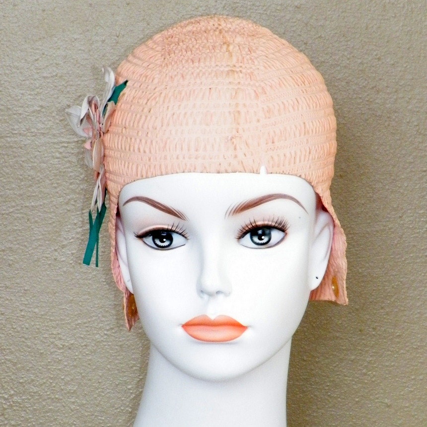 1950s 60s Swim Cap Pink Flower Applique Bathing Cap Vintage
