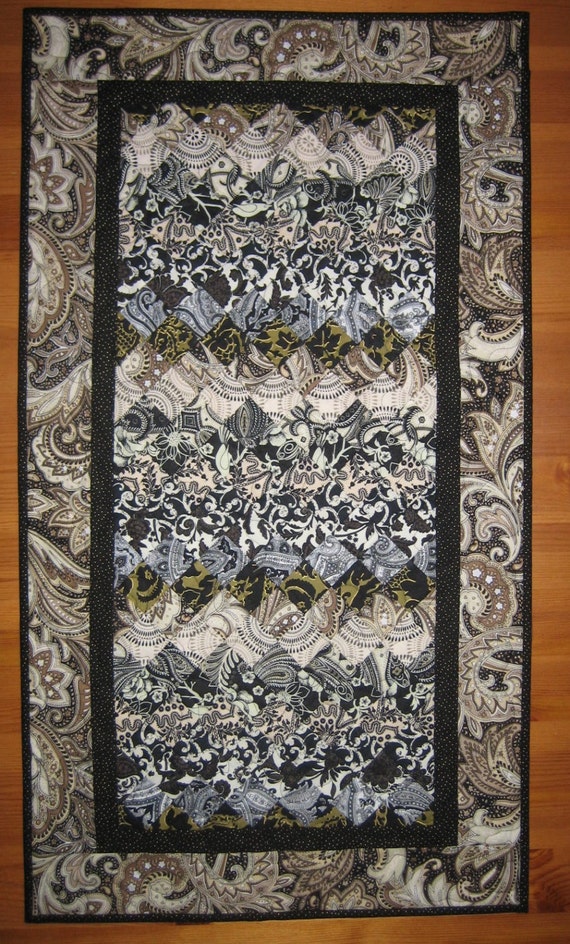 Art Quilt Wall Hanging Black White and Tan Paisley by TahoeQuilts