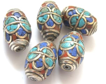 Tibetan brass bead with lapis coral and turquoise - 2 beads - BD235