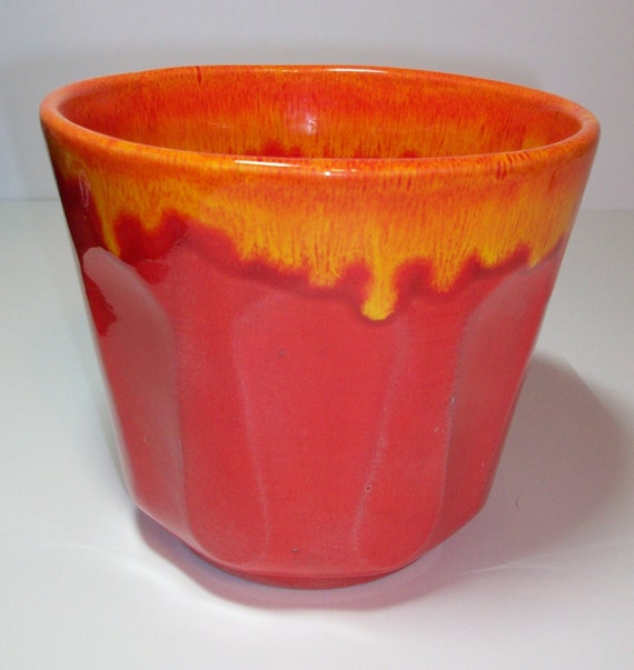 Vintage Bright Orange drip pottery planter 60's container