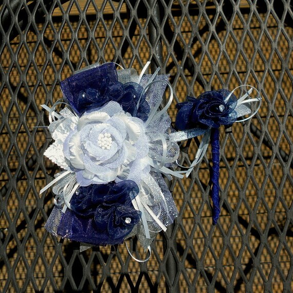 Navy Blue and Silver Artficial Rose Wrist Corsage and