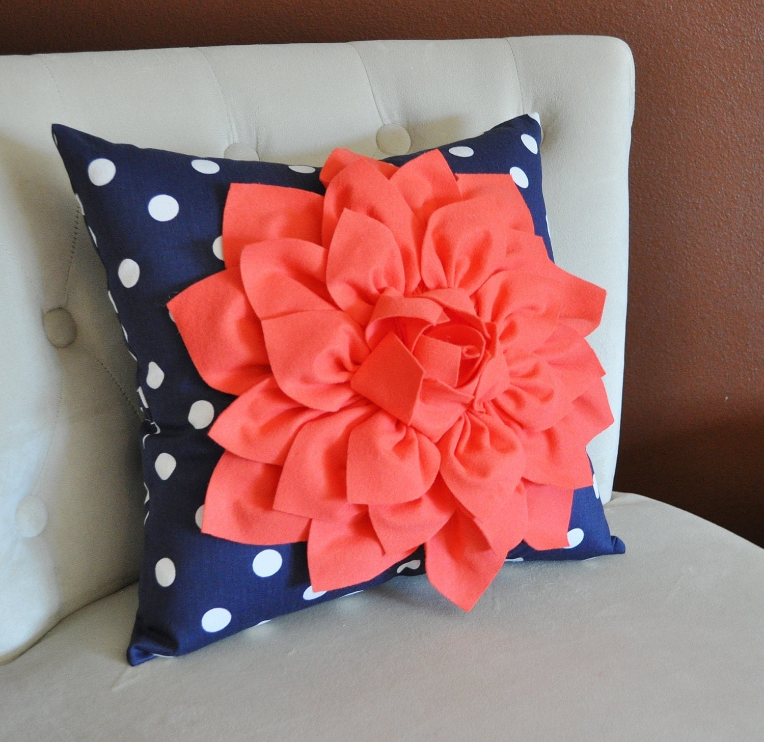 Coral Dahlia on Navy and White Polka Dot Pillow Baby by bedbuggs