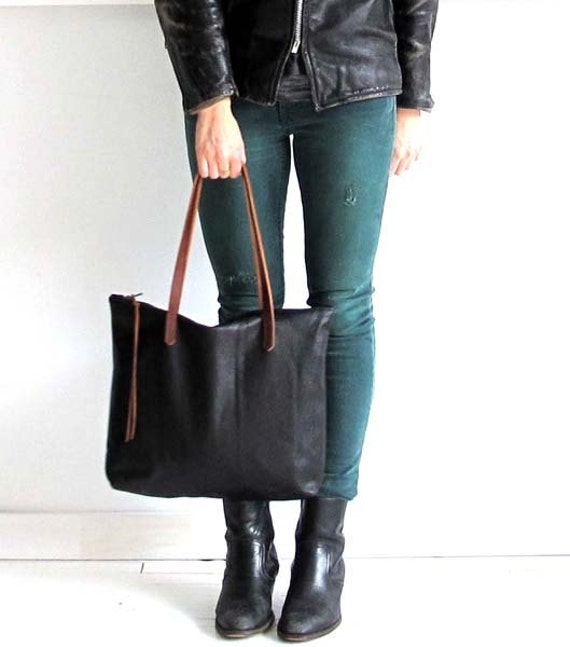 Black Leather Tote Bag with zipper , Laptop bag , leather book bag ...