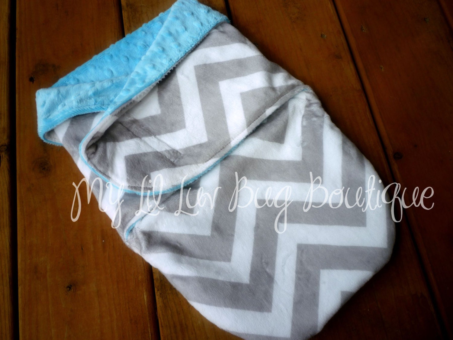 Minky swaddle blanket Turquoise with grey and white Chevron