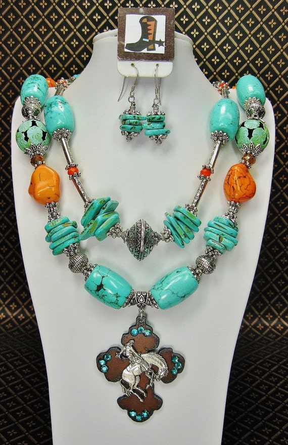 TURQUOISE / ORANGE Cowgirl Necklace Statement Chunky Western