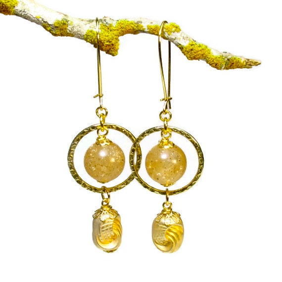 Bead Dangle Earrings in Gold by BluKatDesign on Etsy