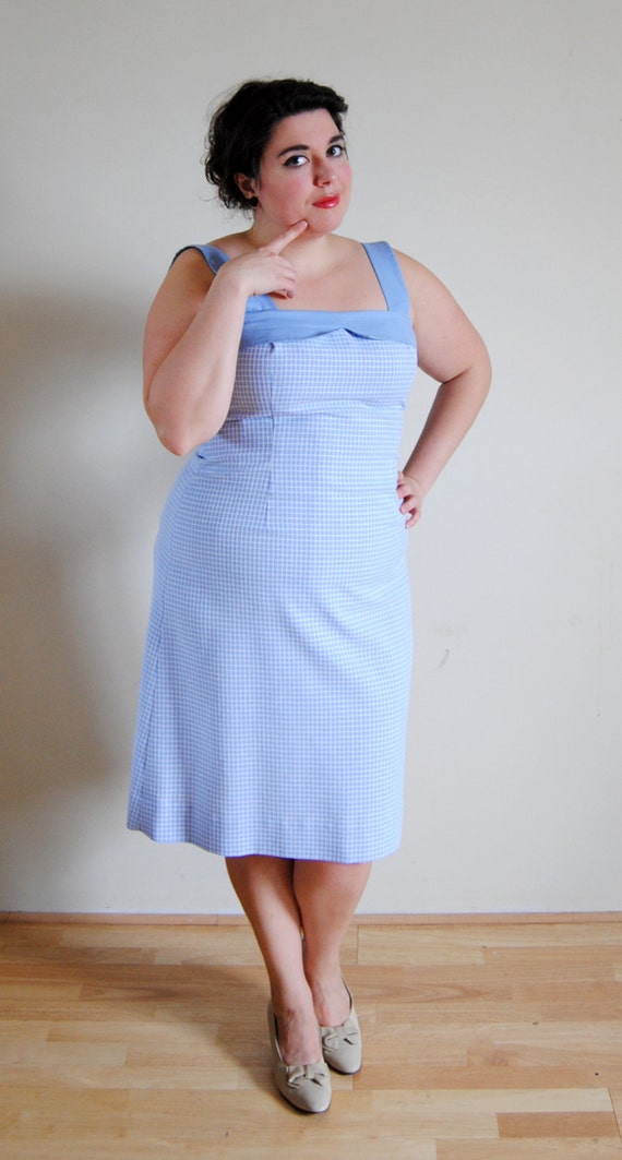 Spring Plus Size Vintage Dress 1960s Blue Picnic Dress // Bare All Spring Fashion // Size 12/14